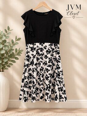 Black & White Floral Dress with Ruffle Sleeves – Size 2XL